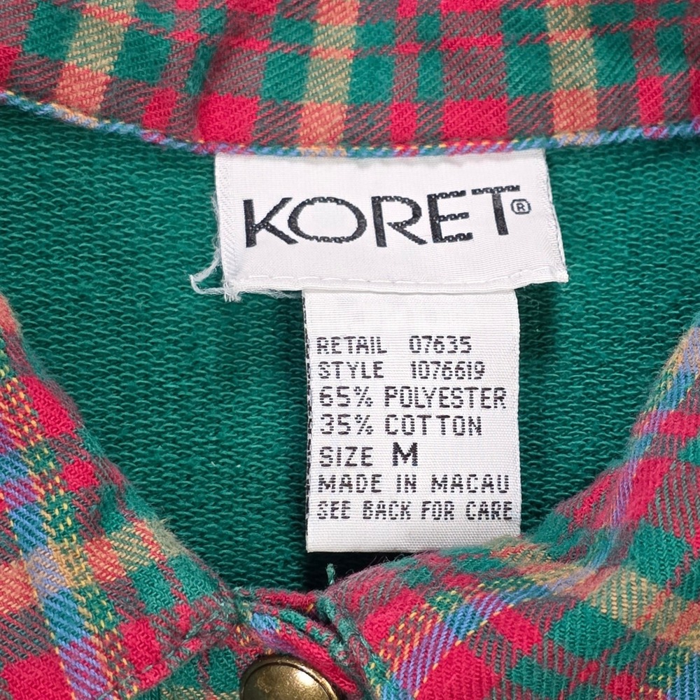 VTG Koret Long Sleeve Polo Shirt Women's Size M Green Plaid Collar Crest Pocket - Picture 3 of 8